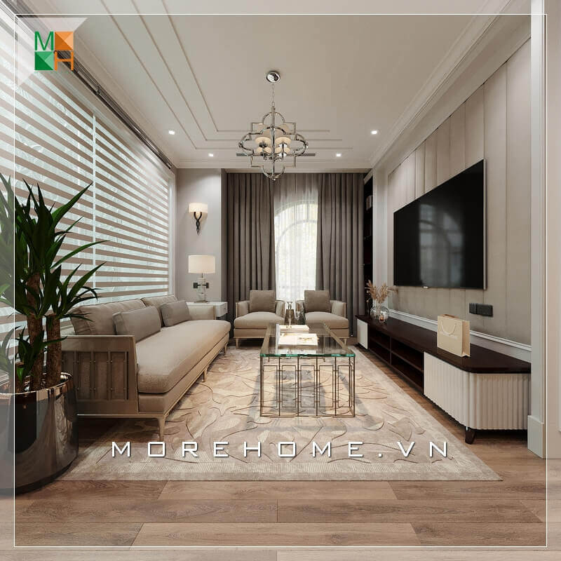 Morehome gợi ý cho bạn mẫu thiết kế nội thất phòng khách chung cư, nhà phố tiện nghi và sang trọng mang phong cách tân cổ điển. Thiết kế phòng khách đẹp và sang trọng