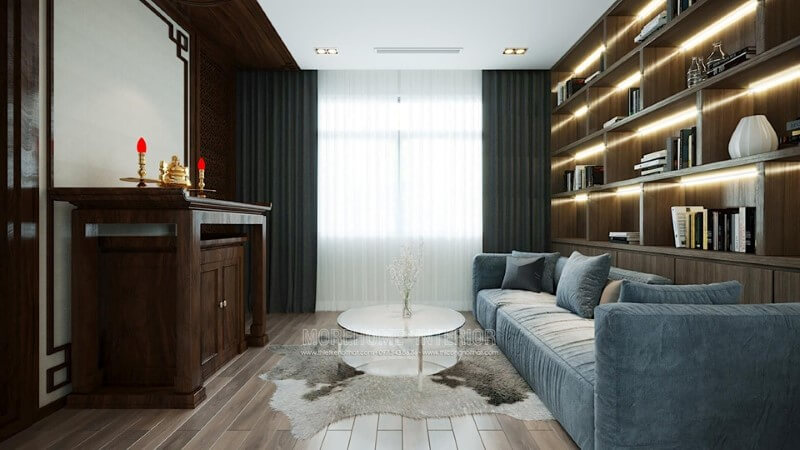 Mẫu sofa hiện đại bọc nỉ nhung màu xanh được đặt ở phòng thờ còn là nơi yên tĩnh để chú tâm đọc sách mang đến không gian hoàn hảo và tinh tế Mẫu sofa gỗ sang trọng