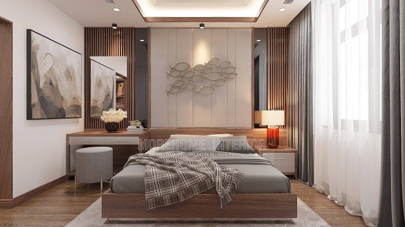 Bạn là người thích cảm giác mộc mạc từ gỗ đặc biệt lại từ loại gỗ óc chó loại gỗ thượng hạng vân 3D màu sắc sang trọng với chi phí vừa phải có thể là lựa chọn đáng chú ý trong ý tưởng bố trí nội thất phòng ngủ nam tính này.