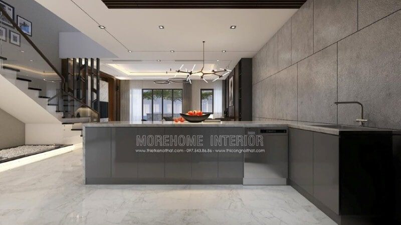 Với ý tưởng trong mẫu trang trí nội thất biệt thự Parkcity trong đây, bạn có thể thiết kế ngay không gian đảo tách biệt phòng bếp để có thể phục vụ nhanh nhu cầu của mình mà vẫn đảm bảo nhu cầu tức thời từ bộ tủ đựng đồ được bố trí máy rửa bát, bồn rửa tiện lợi.