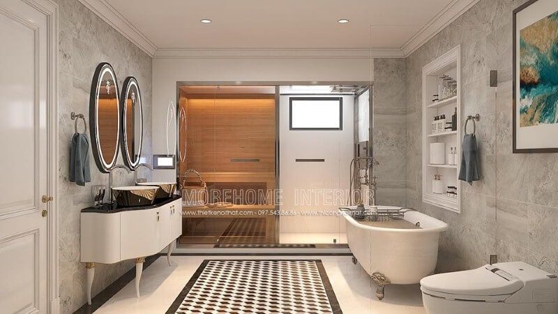Sắp xếp phòng tắm đứng kết hợp phòng xông hơi gia đình, bồn tắm đẹp, sang trọng.
