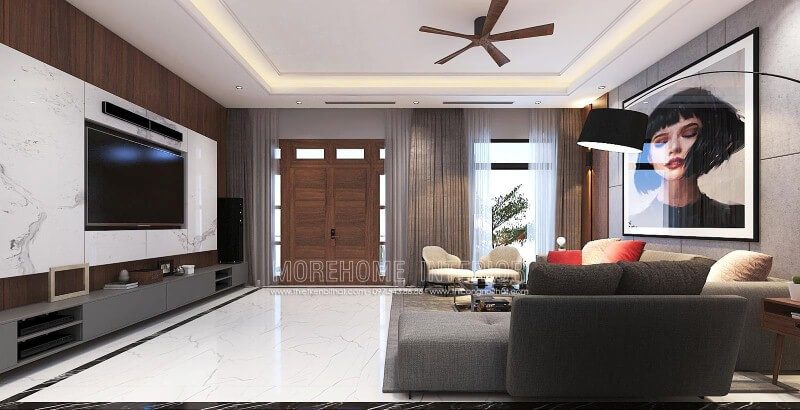 Trang trí nội thất phòng khách hiện đại đẹp, tinh tế từ đá ốp tường vân mây, tranh treo tường nghệ thuật cùng sofa hiện đại cao cấp.