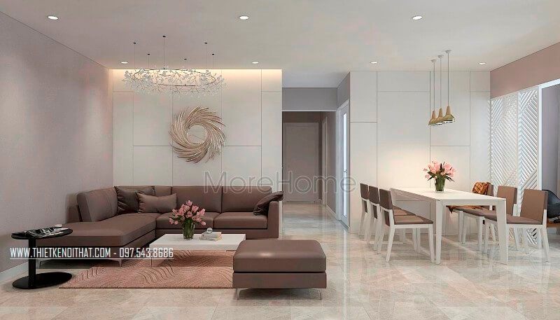 Khu vực phòng khách căn hộ chung cư hiện đại này được thiết kế theo phong cách hiện đại trẻ trung- phong cách thường được thiết kế cho những đôi vợ chồng trẻ.